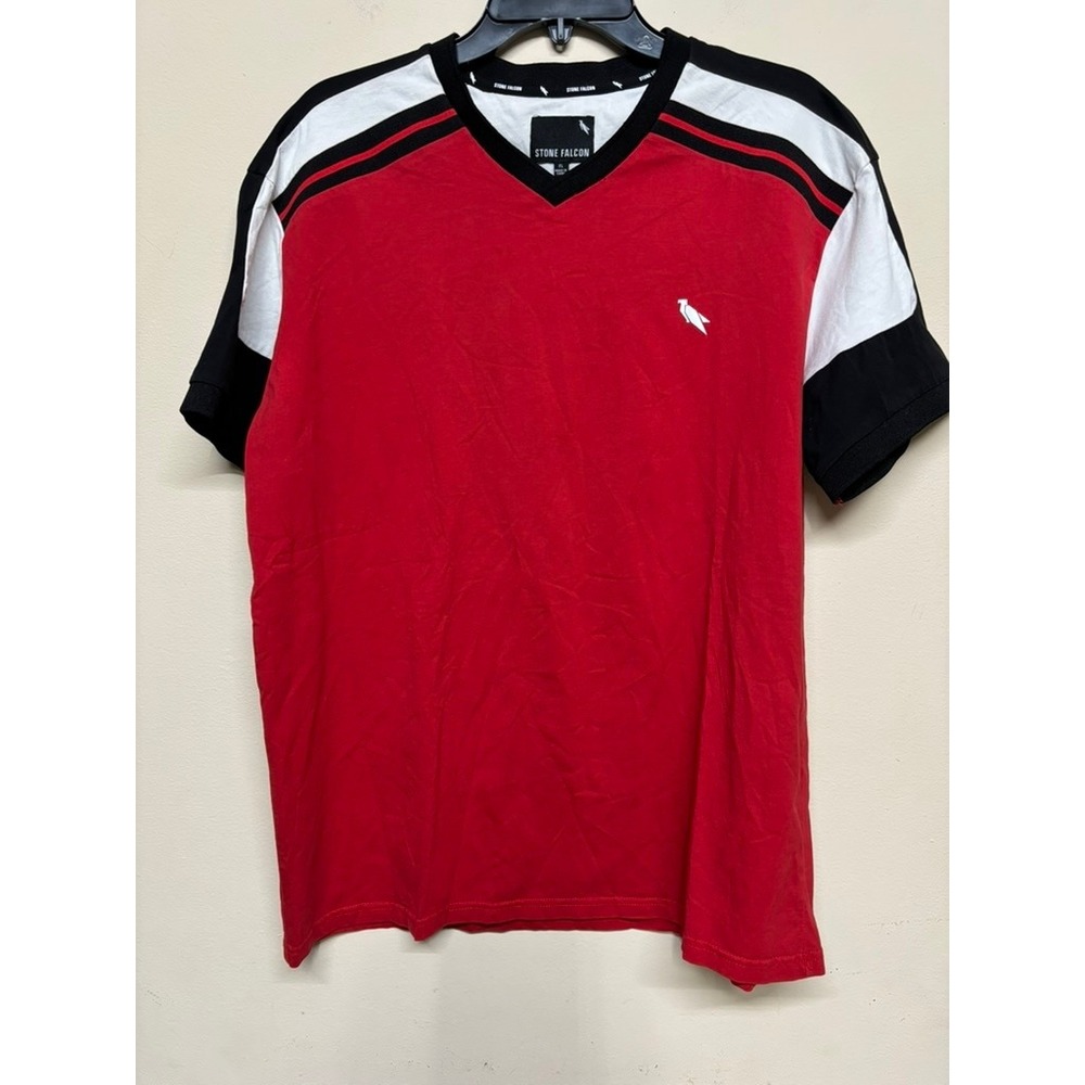 Stone Falcon Red Black White V-Neck Short Sleeve T-Shirt Men's‎ XL Streetwear